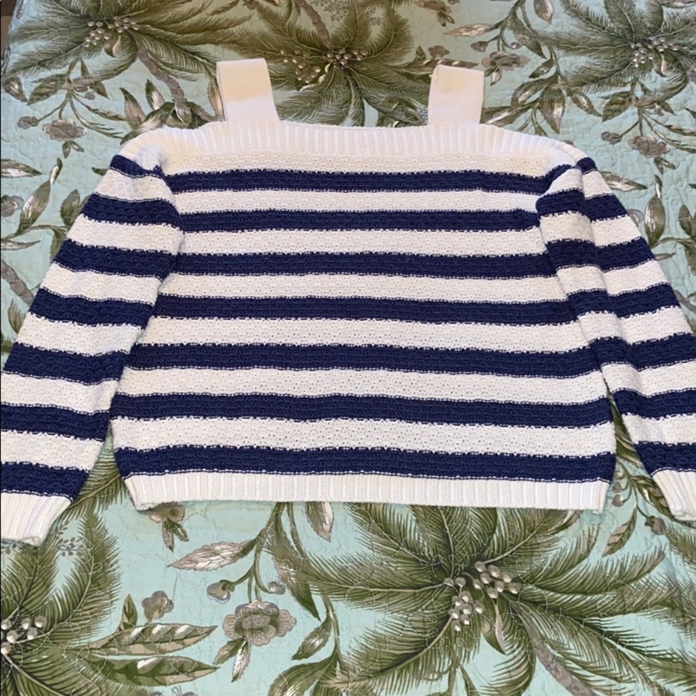 SO Off Shoulder Blue White Stripe Knit Sweater